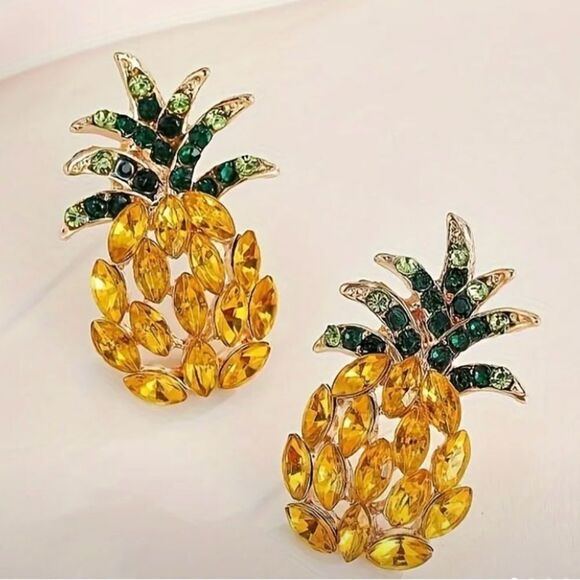 🍍🆕 🍍BoHo Gold Plated Pineapple Gemstone Earrings🍍🔅 - Picture 1 of 14